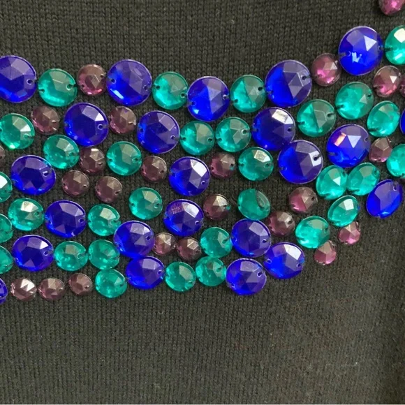 Nordstrom Halogen Black Bedazzled Blue Green Lip Beaded Sweater sz XL - Picture 7 of 7